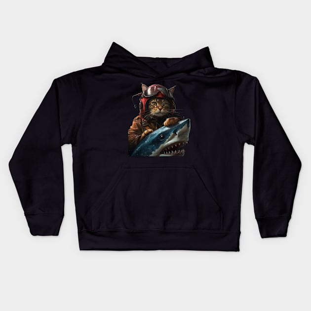 Cat Riding Shark Whiskered Safari Kids Hoodie by BilodeauBlue